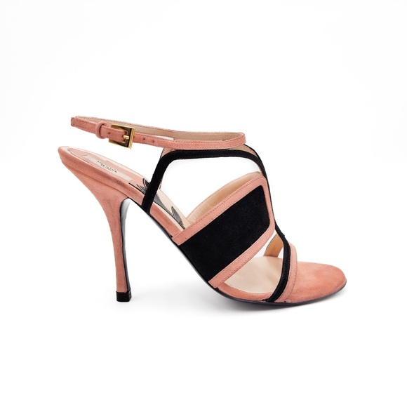 Prada Shoes - Prada Pink Black Suede Strappy Heels Sandals EU 37